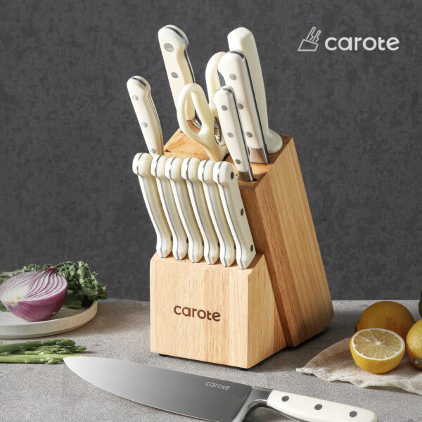 CAROTE 14 Pieces Knife Set with Wooden Block Stainless Steel Knives Dishwasher Safe with Sharp Blade Ergonomic Handle Forged Triple Rivet-Pearl White - Image 3