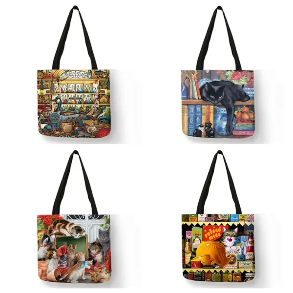 Oil Painting Cat Print Womens Designer Tote Bags Linen Reusable Shopping Bag For Groceries Shoulder Bags for Lady 2020 - Image 3