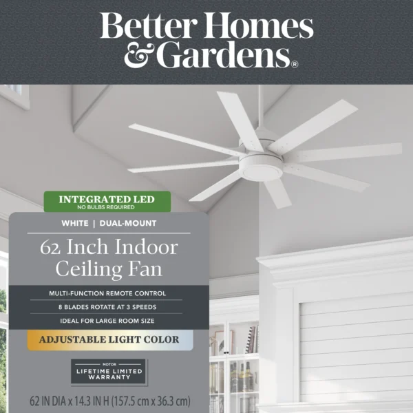 Better Homes & Gardens 62" White Indoor Ceiling Fan with Light, 8 Blades, Remote & Reverse Airflow - Image 3