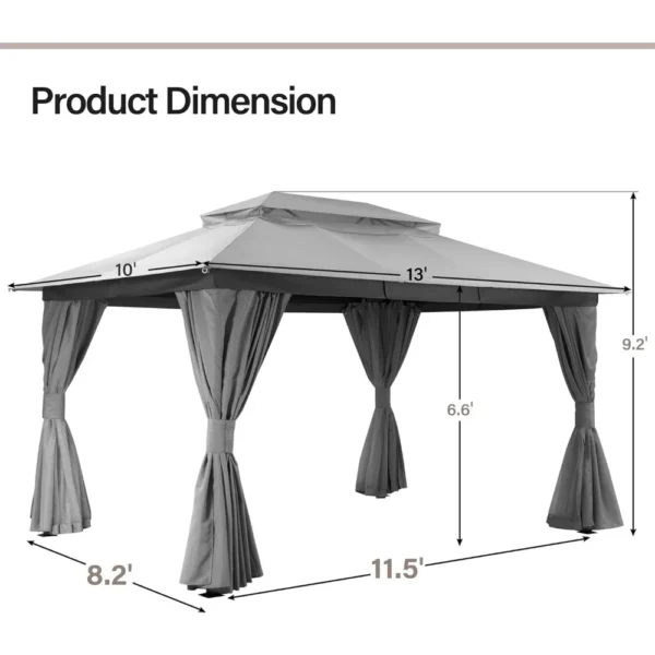 Outdoor Patio Gazebo 10'x13' with Expansion Bolts,Party Tent & Shelter with Double Roofs, Mosquito Nettings and Privacy Screens - Image 2