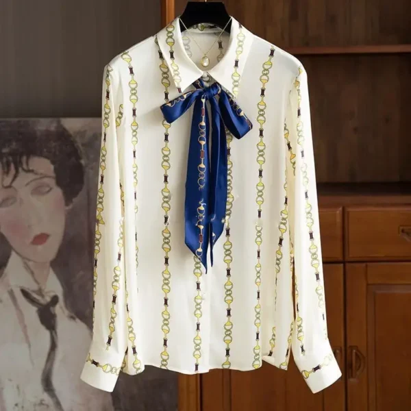 High Quality Mulberry Silk Women Lapel Shirt Commuting Temperament Chain Printed Ribbon Contrasting Color Silk Shirt Elegant Y2k