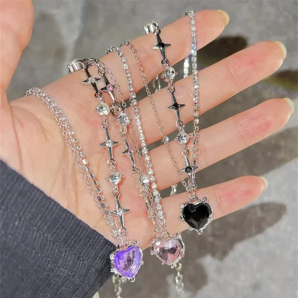 1pc Gradient Purple Zircon Star Heart Necklace Y2K Crystal Cross Star Chain Choker Irregular Egirl Love Collar Necklaces Jewelry - Image 2