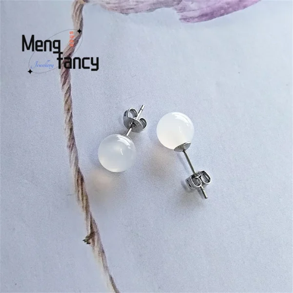 Natural Agate Chalcedony Round Earring 925 Silver Designer Fashion Elegant Sexy Young Girls Jewelry Luxury Couple Holiday Gifts - Image 3