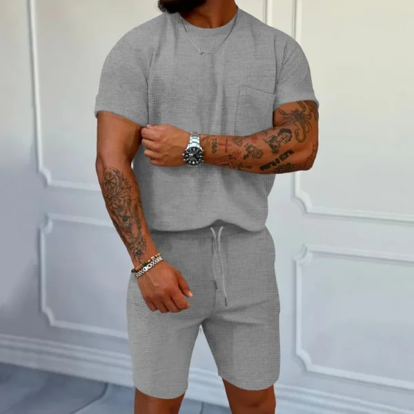 2024 cross-border summer European and American trend waffle round neck pocket short-sleeved shorts suit casual sports suit for m - Image 6