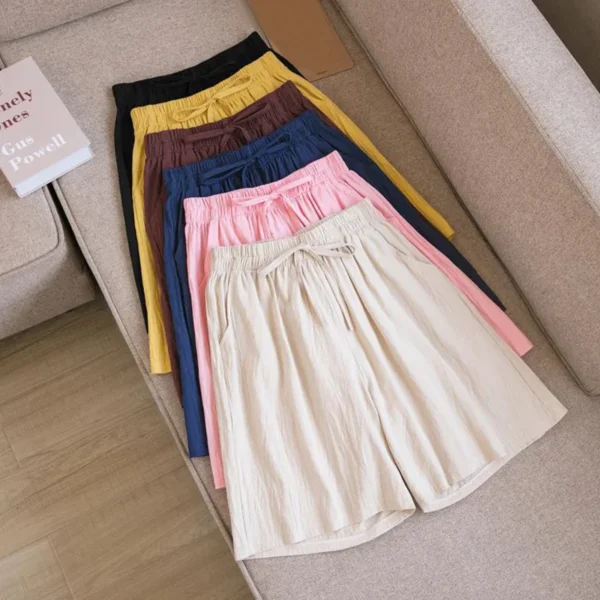 Summer Cotton Linen Loose Women's Shorts Casual Straight Short Pants Harajuku Elastic Waist Wide Leg Knee Length Shorts Women - Image 4