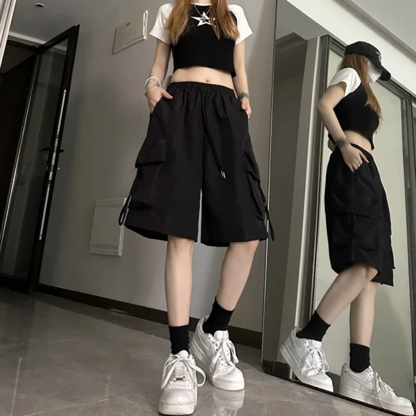 ZOKI Women High Waist Cargo Shorts American Style Streetwear Summer Wide Leg Pants Fashion Female Big Pocket Loose Shorts New - Image 2