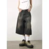 Women Y2k Style Baggy Denim Shorts Wide Leg Short Pants Fashion High Waisted Dark Wash Knee Length Loose Unisex Jeans Casual - Image 4
