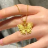 Shiny Pure 14 K Gold Color Butterfly Pendant Necklace for Women's Necklace Chain Valentine's Day Wedding Jewelry Gifts