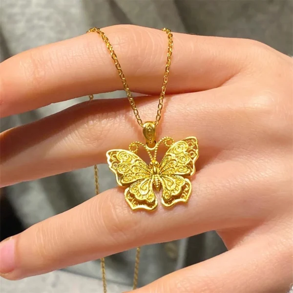 Shiny Pure 14 K Gold Color Butterfly Pendant Necklace for Women's Necklace Chain Valentine's Day Wedding Jewelry Gifts