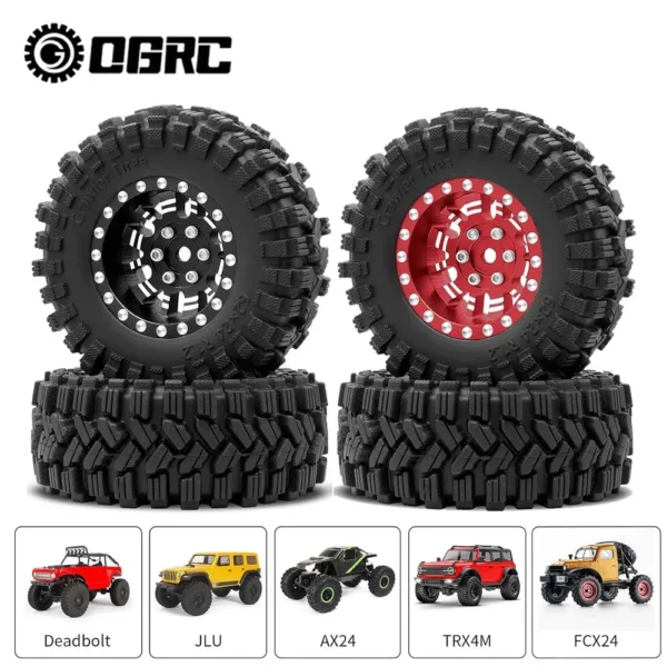 OGRC 1.2 Inch Beadlock Wheel Rim and Tires Set 62 * 24mm Sticky Tires for TRX4M SCX24 FCX24 AX24 1/24 1/18 RC Crawler Car Part