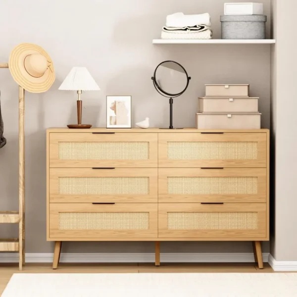 Natural Rattan Dresser for Bedroom with 6 Drawers Modern Wood 6 Drawer Dresser with Black Handles Chest of Drawers for Nursery - Image 4