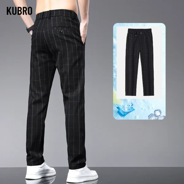 KUBRO Summer Thin Ice Silk Office Men's Business Casual Suit Pants Korean Fashion Youth Slim Straight Versatile Plaid Trousers - Image 5