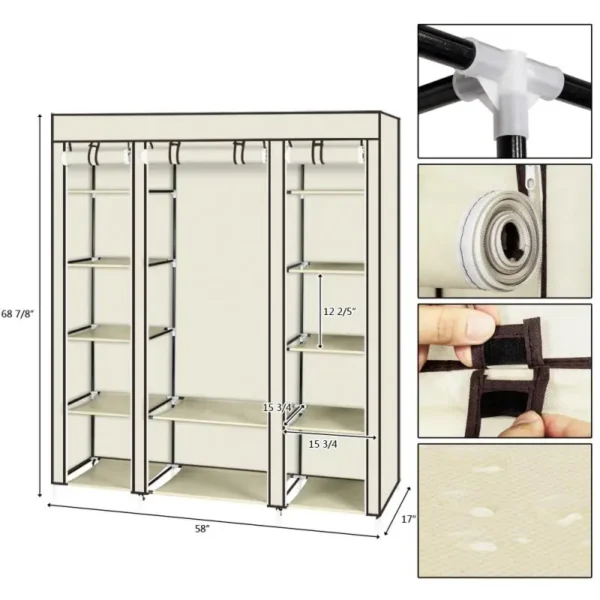 69 Inch Portable Clothes Closet Non-Woven Fabric Wardrobe Sturdy Double Rod Clothes Storage Organizer Quick And Easy To Assemble - Image 3