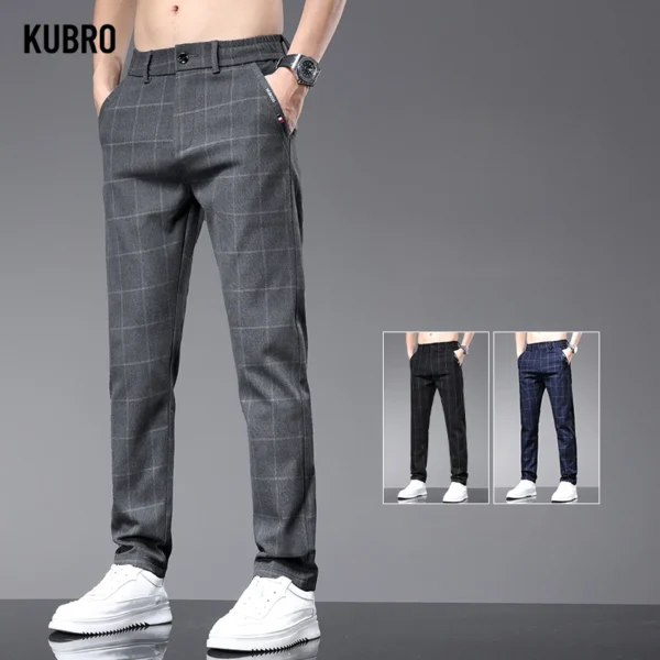 KUBRO Summer Thin Ice Silk Office Men's Business Casual Suit Pants Korean Fashion Youth Slim Straight Versatile Plaid Trousers - Image 2