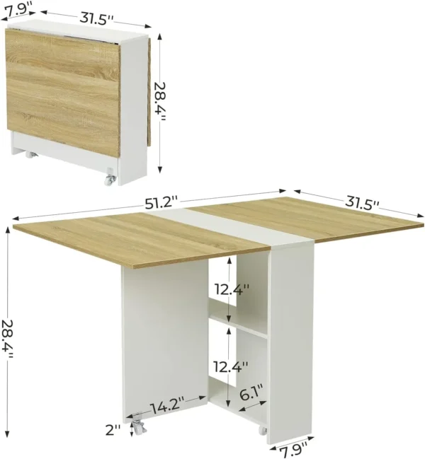 Tiptiper Folding Dining, Versatile Dinner Table with 6 Wheels and 2 Storage Racks, Space Saving Kitchen, Dining Room Table, - Image 3