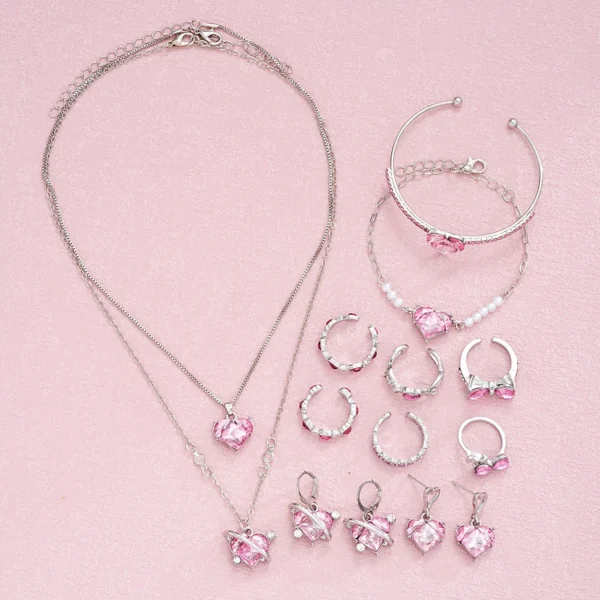 14 PCS Pink Craystal Heart Pendants Necklace Earrings Ring Bracelet Sets For Women Girl Fashion Jewelry Set Wedding Jewelry Gift - Image 6