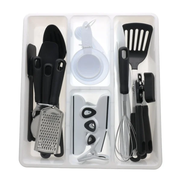 Mainstays 36pc Kitchen Gadget Set with Cooking Utensils, Measuring Cups, Clips, and Drawer Organizer, Black/Clear - Image 2