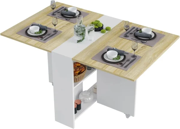 Tiptiper Folding Dining, Versatile Dinner Table with 6 Wheels and 2 Storage Racks, Space Saving Kitchen, Dining Room Table,