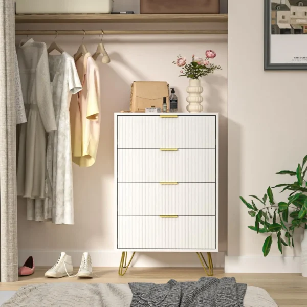 4 Drawer, White Bedroom Dresser with Gold Handles, Tall Chest of Drawers for Kids Room, Small Wood Storage Tower - Image 4