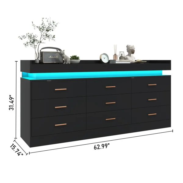 9 Drawer Dresser with LED Light, 63" Modern Chest of Drawers for Closet, Wide Drawer Organizer Cabinet for Bedroom, White/Black - Image 6