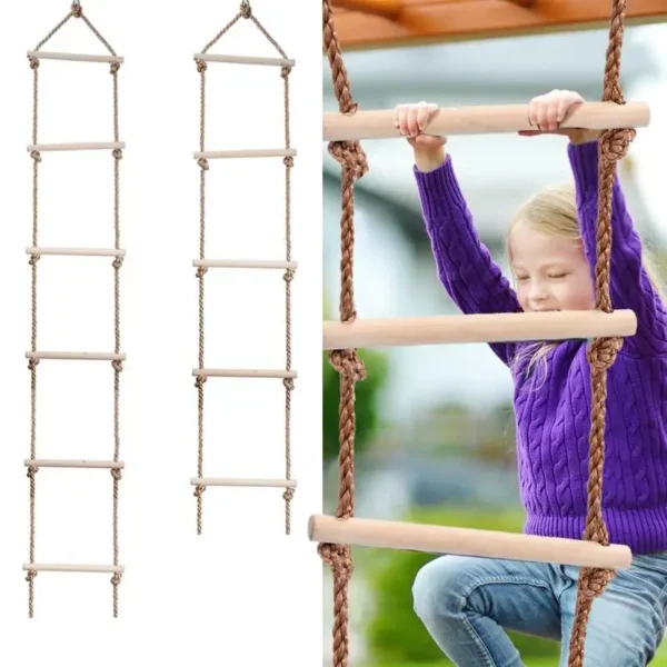 Kids Fitness Toy Wooden Rope Ladder Multi Rungs Climbing Game Toy Outdoor Training Activity Safe Sports Rope Swing Swivel Rotary