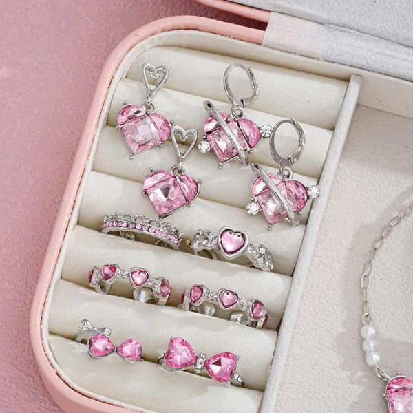 14 PCS Pink Craystal Heart Pendants Necklace Earrings Ring Bracelet Sets For Women Girl Fashion Jewelry Set Wedding Jewelry Gift - Image 3