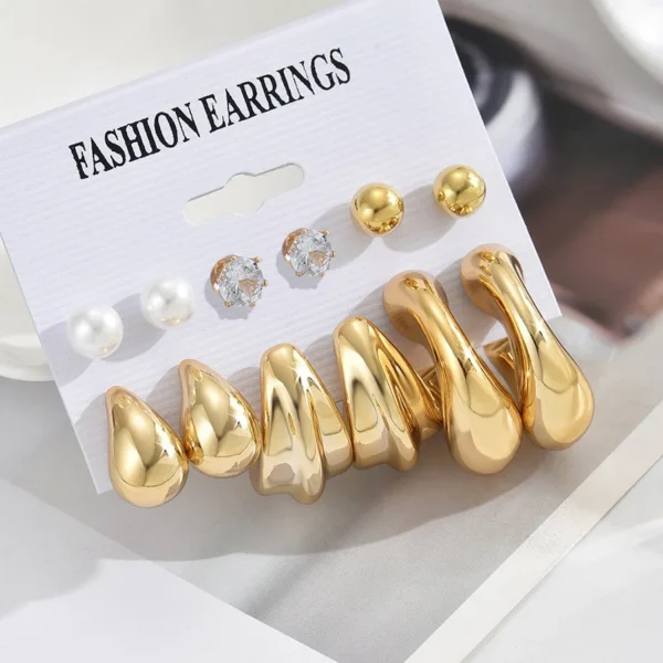 6Pcs Classic Geometry Glossy Ccb Gold Plated Waterdrop C Shape Hoop Earrings Set for Women Teens Vintage Daily Wear Ear Jewelry - Image 3