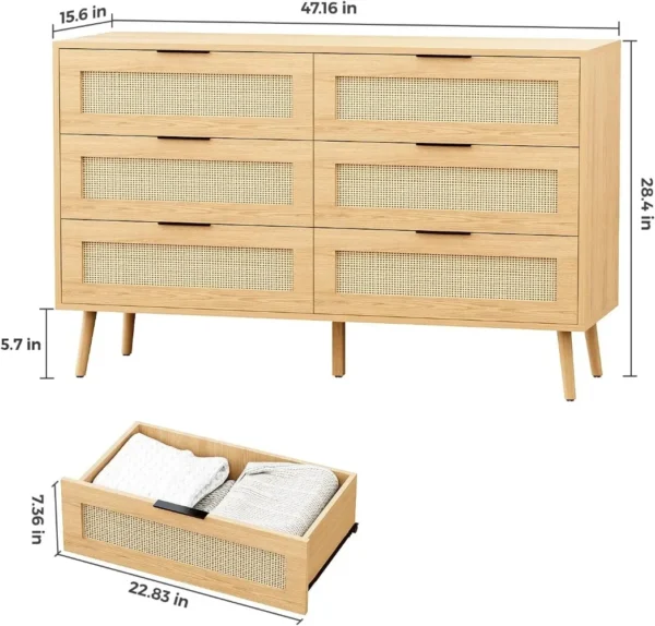 Natural Rattan Dresser for Bedroom with 6 Drawers Modern Wood 6 Drawer Dresser with Black Handles Chest of Drawers for Nursery - Image 2