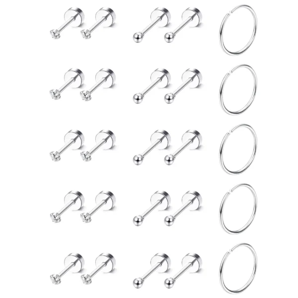 25pcs/30pcs Tiny Surgical Stainless Steel 2mm Small CZ Dot Ball Flat Screw Back Stud Earrings Ear Piercing Hoop Jewelry Set