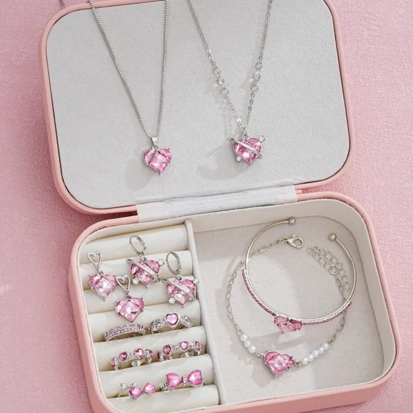 14 PCS Pink Craystal Heart Pendants Necklace Earrings Ring Bracelet Sets For Women Girl Fashion Jewelry Set Wedding Jewelry Gift