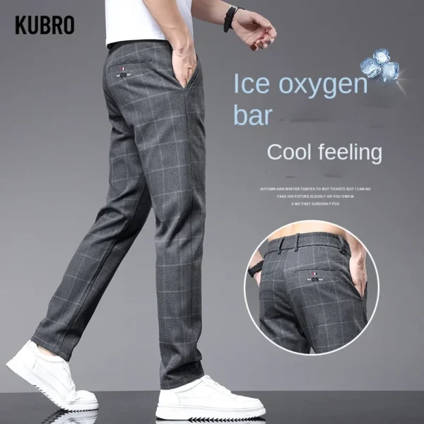 KUBRO Summer Thin Ice Silk Office Men's Business Casual Suit Pants Korean Fashion Youth Slim Straight Versatile Plaid Trousers - Image 4