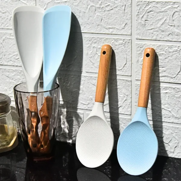 Silicone Rice Shovel Spoon Kitchenware with Long Wooden Handle Household Non-stick Big Cooking Spatula Scoop Kitchen Gadgets