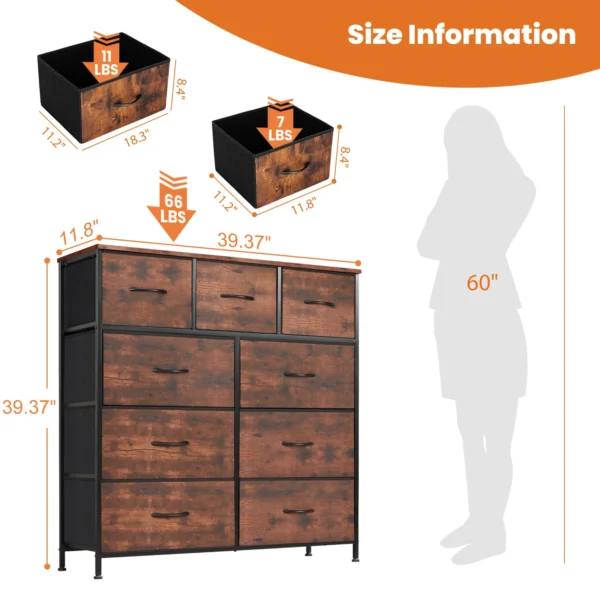 Dresser For Bedroom With 9 Fabric Storage Drawer Wardrobe Tall Chest Organizer Closet Adult Kids Clothes Wood Cabinet Furniture - Image 4