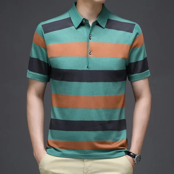 2024 Summer New Men's Knitted Stripe Short Sleeved POLO Shirt Comfortable and Cool Casual Fashion T-shirt - Image 3