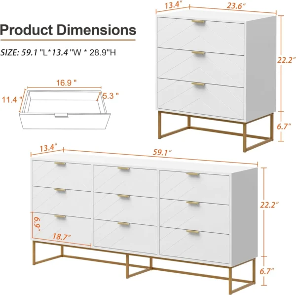 3 / 9 Drawers, Chest of Drawers,Dressers with Storage,Storage Cabinet with Golden Legs for Bedroom, Living Room, White / Black - Image 2