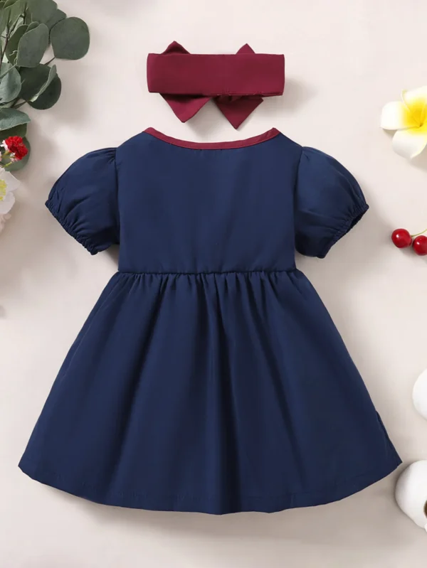 2PC Children's Bubble Sleeve Lace edge Fashion Dress+ Headband Suitable for Cute Baby Girls aged 0-3 Years Summer Dress - Image 2