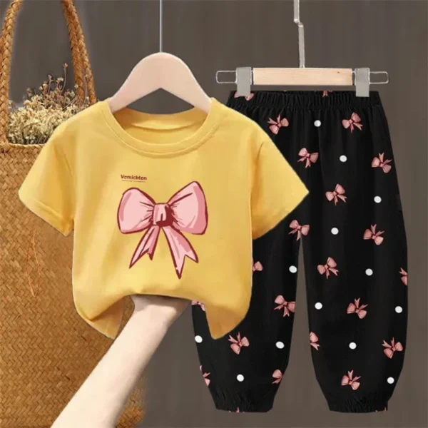 Children's Suit Short-sleeved Round Neck Top with Bow Print+cuffs Trousers 2-piece Set Simple Style Outer Wear Casual Loungewear