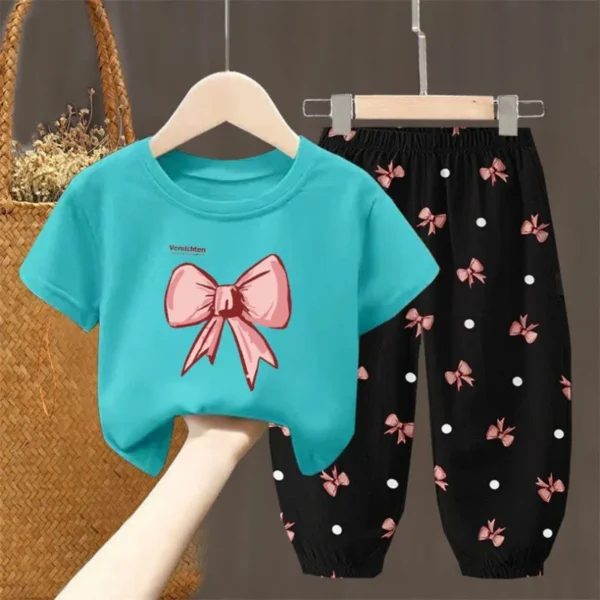 Children's Suit Short-sleeved Round Neck Top with Bow Print+cuffs Trousers 2-piece Set Simple Style Outer Wear Casual Loungewear - Image 2