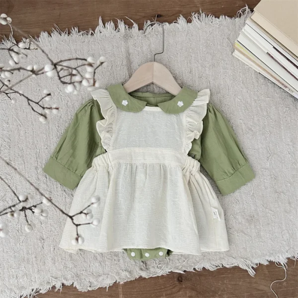 2024 Autumn Baby Clothes Infant Girls Bodysuit Toddler Solid Peter Pan Collar One Piece Or Smock - Image 2