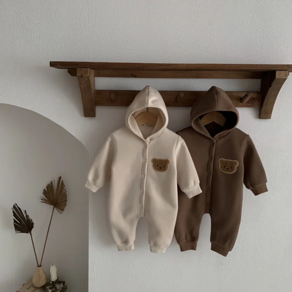 Winter Newborn Baby Plush Bodysuit Button Jumpsuit Cartoon Bear Hoodies Boy Girl Romper Twins Clothes Korean version