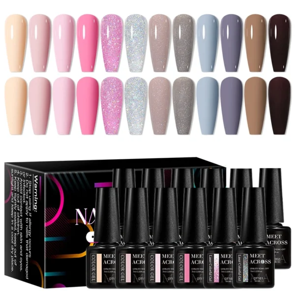 MEET ACROSS 12Pcs/Set Sparkly Nude Brown Gel Nail Polish Glitter Colorful Semi Permanent UV Gel Kit Nail Art Manicure DIY Vernis - Image 5