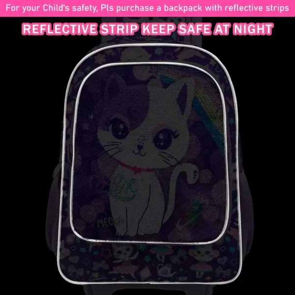 3PCS Rolling Backpack for Girls Kids Roller Wheels Bookbag with Lunch Bag Purple Cat Pattern Design Glow-in-the-Dark Function - Image 6