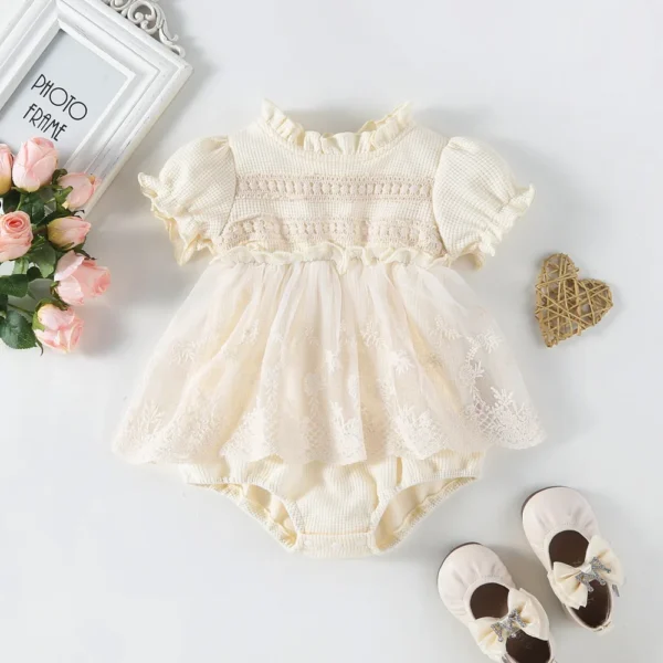 Spring Summer Solid Princess Baby Girl Tutu Skirt Style Bodysuit Toddler Infant Waffle One Piece Lace Party Outfit Play Suit